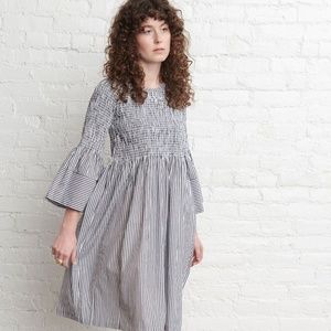 M. Patmos - Gray & White Stripe 100% Cotton Stella 3/4 Bell Sleeve Dress, Size M